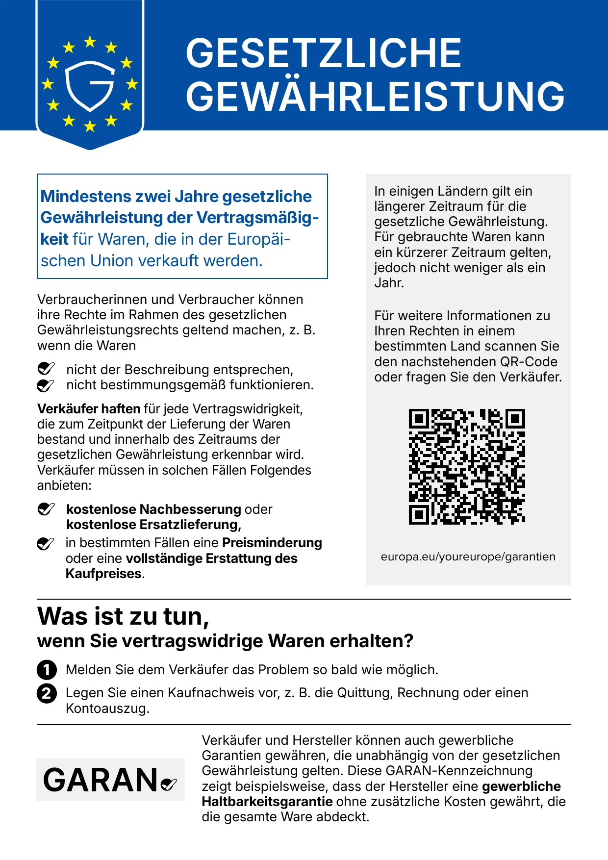 Gesetzliche Gewährleistung – Hinweis der Europäischen Kommission: mindestens 2 Jahre gesetzliche Gewährleistung