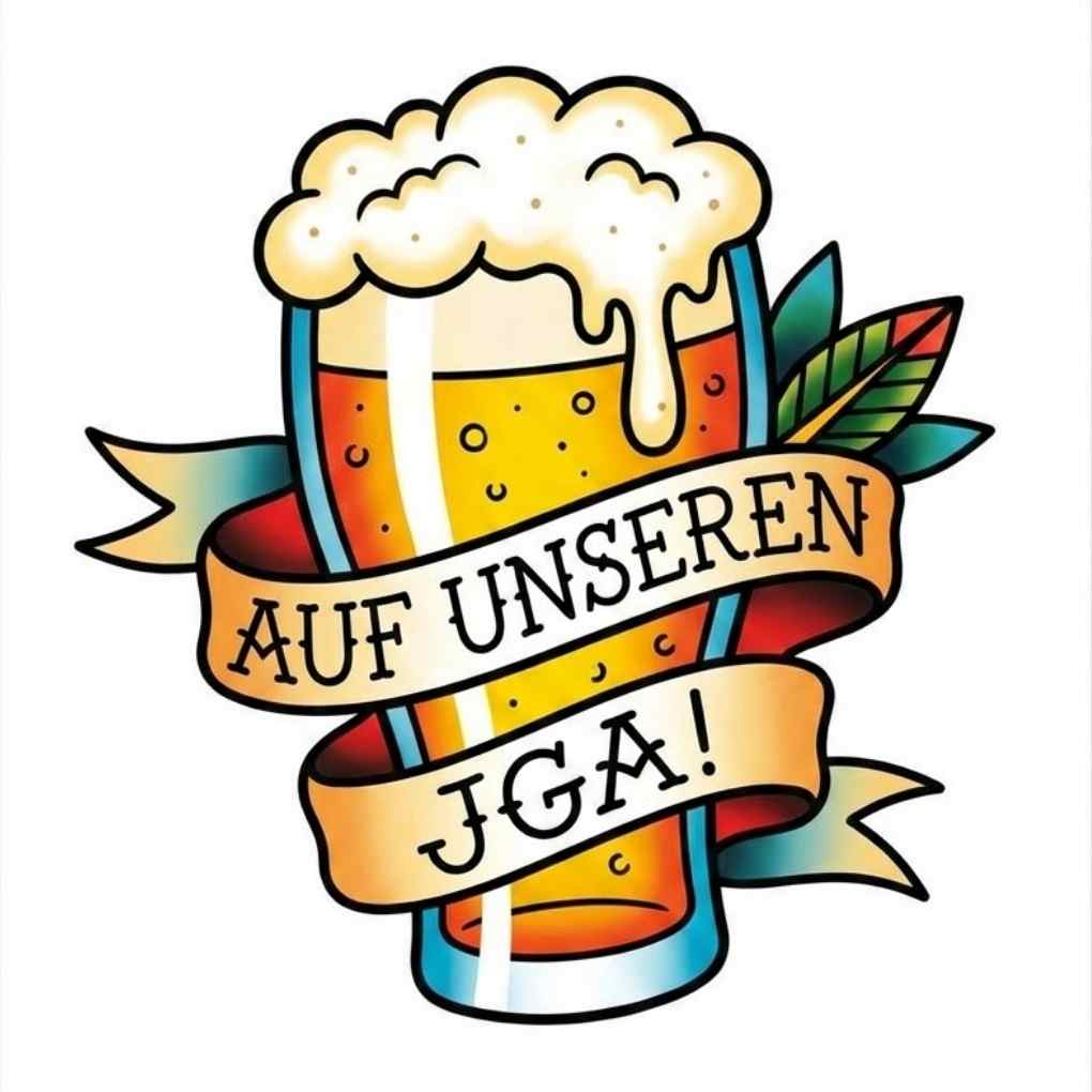 Auf Unseren JGA! – Traditionelles Bierglas & Banner Party Fake Tattoo 1 Auf Unseren JGA! – Traditionelles Bierglas & Banner Party Fake Tattoo
