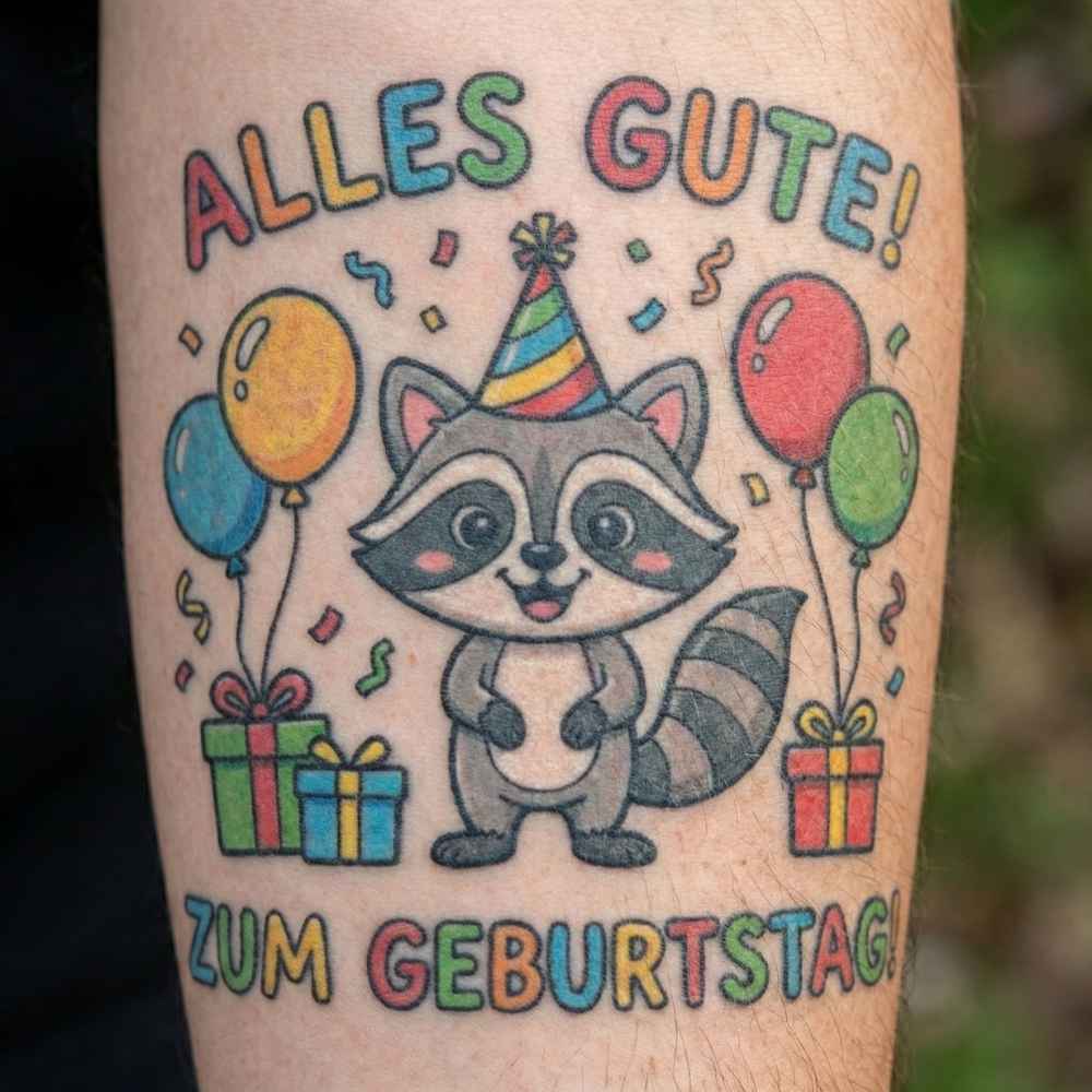Fröhlicher Party-Waschbär: Der bunte Geburtstagsspaß als Fake Tattoo 2 Fröhlicher Party-Waschbär: Der bunte Geburtstagsspaß als Fake Tattoo – Bild 2