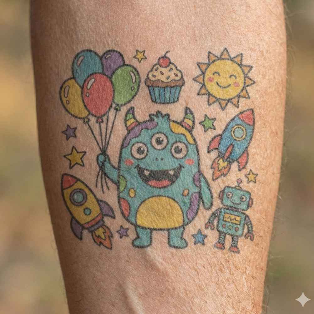 Ein kosmisches Abenteuer voller Farben: Das magische Monster-Party Fake Tattoo 2 Ein kosmisches Abenteuer voller Farben: Das magische Monster-Party Fake Tattoo – Bild 2