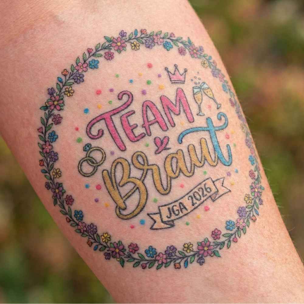 Junggesellinnen Tattoo für den Abschied: Das florale „Team Braut 2026“ Fake Tattoo 2 Junggesellinnen Tattoo für den Abschied: Das florale „Team Braut 2026“ Fake Tattoo – Bild 2