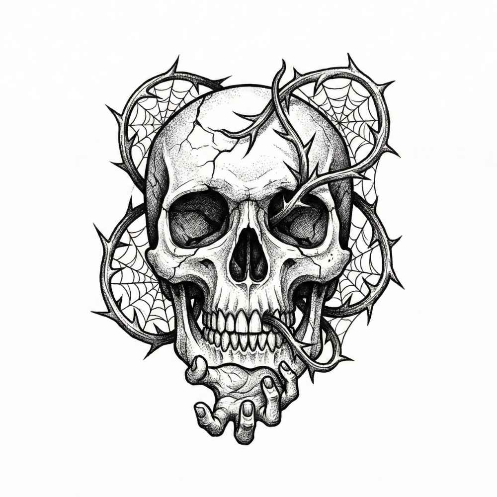 Morbide Eleganz: Dornen-Schädel & Spinnennetz Fake Tattoo 1 Morbide Eleganz: Dornen-Schädel & Spinnennetz Fake Tattoo