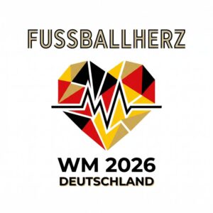 Fußballherz WM 2026 Deutschland Fan-Tattoo, geometrisches Herz in Schwarz-Rot-Gold mit Pulslinie