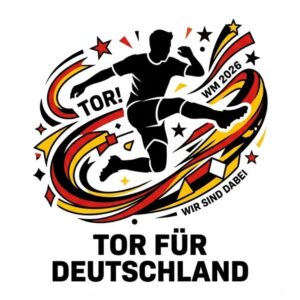 Tor für Deutschland WM 2026 Fan-Tattoo in Schwarz-Rot-Gold mit Fußballer und Sternen