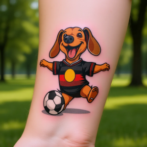 Fußball-Dackel WM 2026 Fan-Tattoo realistisch auf dem Unterarm