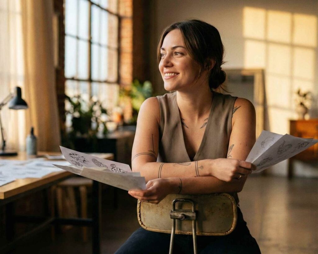 Frau mit Fake Tattoos hält Tattoo-Entwürfe für temporäre Tattoos mit eigenem Motiv in der Hand