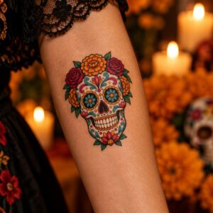 Bunter Catrina-Totenkopf Halloween Fake Tattoo auf der Haut