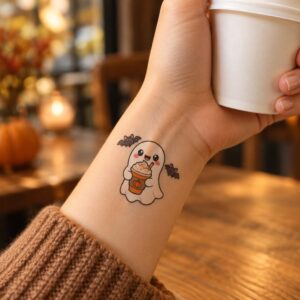 Kawaii-Geist mit Pumpkin Spice Latte Halloween Fake Tattoo auf der Haut