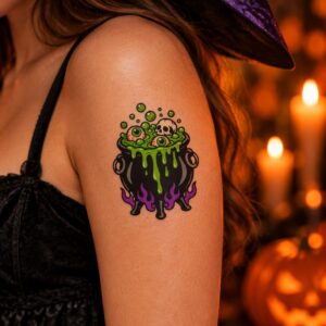 Blubbernder Hexenkessel mit Augäpfeln Halloween Fake Tattoo auf der Haut