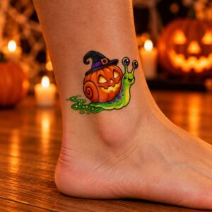 Kürbis-Schnecke mit Hexenhut Halloween Fake Tattoo auf der Haut