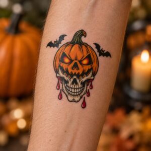 Kürbis-Totenkopf Halloween Fake Tattoo auf der Haut