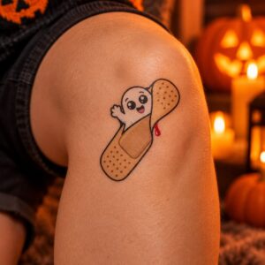 Pflaster mit Geist Halloween Fake Tattoo auf der Haut