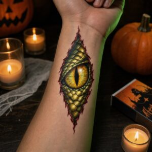 Reptilienauge unter der Haut Halloween Fake Tattoo auf der Haut