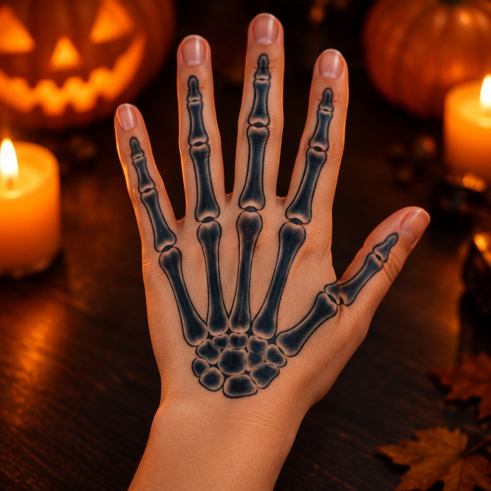Röntgen-Hand – Skelett-Illusion Halloween Fake Tattoo 2 Röntgen-Hand Halloween Fake Tattoo auf der Haut