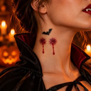 Vampirbiss mit Fledermaus Halloween Fake Tattoo auf der Haut