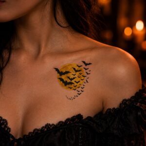 Vollmond mit Fledermausschwarm Halloween Fake Tattoo auf der Haut