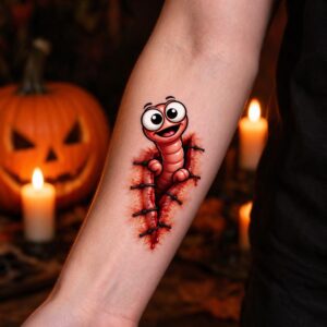 Wurm aus der Wunde Halloween Fake Tattoo auf der Haut
