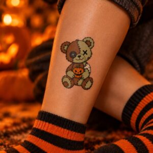 Zombie-Teddy mit Kürbis Halloween Fake Tattoo auf der Haut